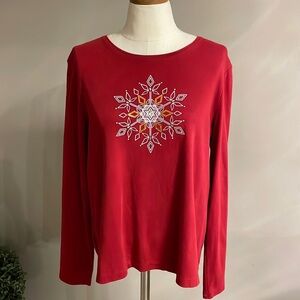 Croft & Barrow women’s HOLIDAY sparkle snowflake li g sleeve top cotton size PL